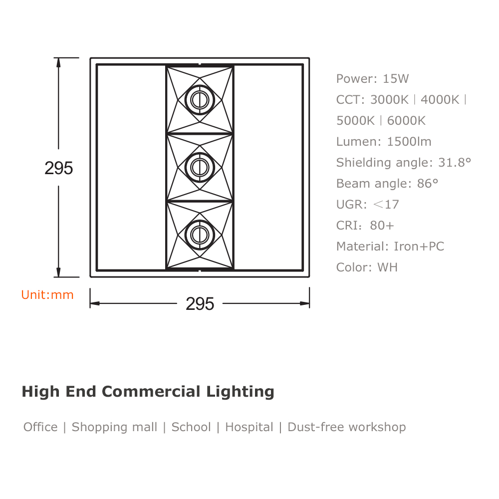 One Piece Die Casting Aluminum Commercial 15W LED Panel Light 3000K 4000K Recessed for Shop mall Store Dusk-free Workshop