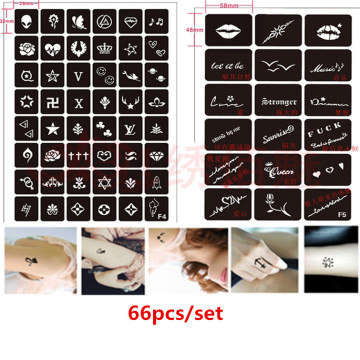 66pcs/set Airbrush Tattoo Stencil for Men Woman Henna Stencils Drawing Template Rose Letters Glitter Tattoo Stencil Set