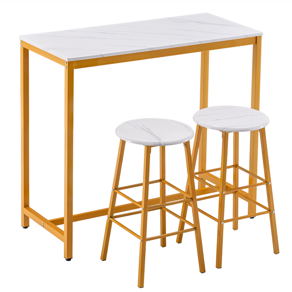 [107 x 47 x 92]cm PVC Marble Simple Bar Table Round Bar Stool Golden Paint One Table and Two Stools White
