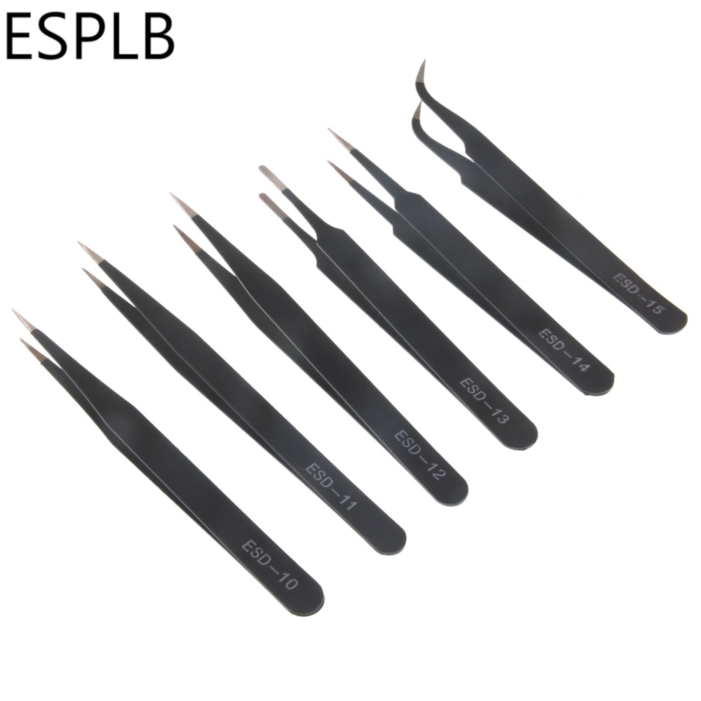 ESPLB 6pcs ESD Tweezers Precision Anti-static ESD Stainless Steel Tweezers Industrial Curved Straight Repair Tools Tweezers