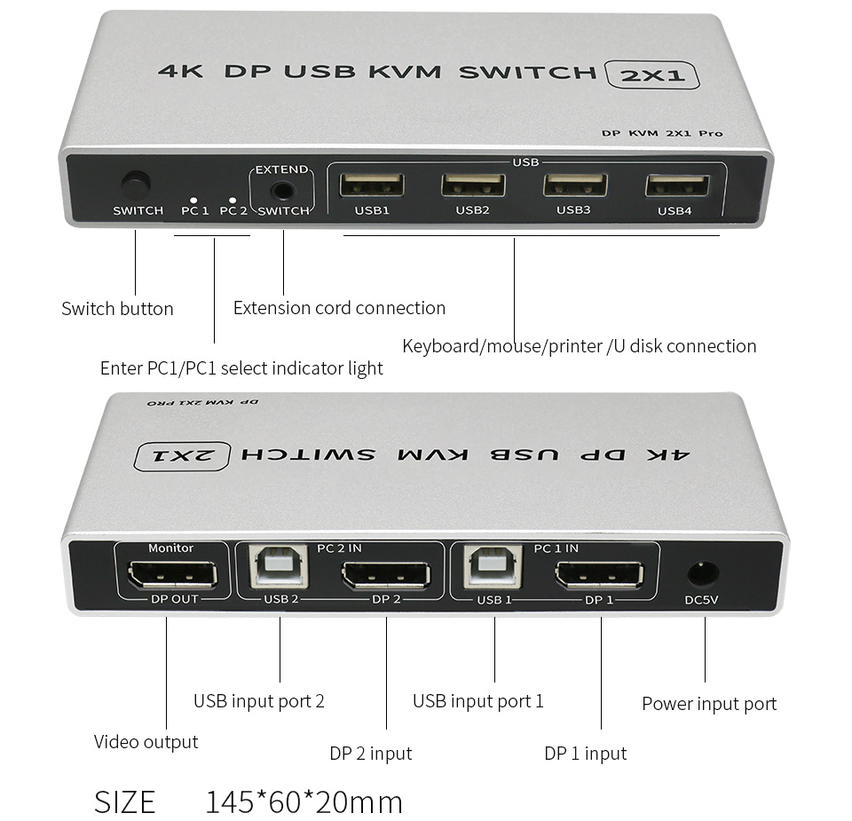 Dual-port 8K Displayport KVM Switch USB Displayport KVM 144Hz DP Switcher 4KX2K/60Hz 2K/144Hz Displayport 2 in 1 out KVM USB