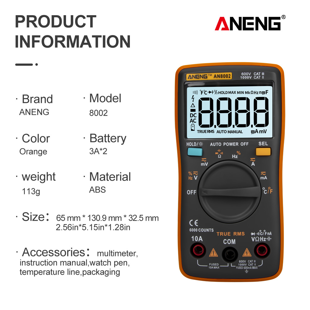 ANENG AN8002 Digital Multimeter 6000 Counts Backlight AC/DC Ammeter Voltmeter Ohm Alligator Clip Jumper Wire Test Lead