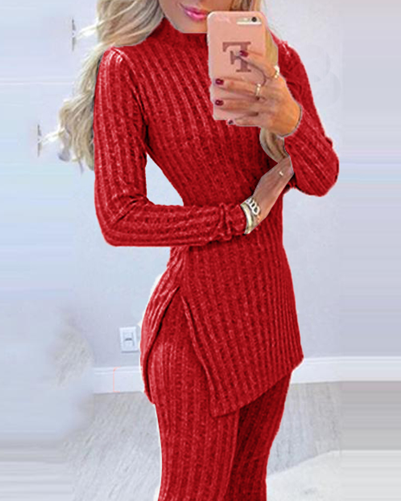 Winter Warm Solid Long Sleeve Slit Knitted Sweater With Skinny Long Pants Suit Women's Elegant 2 Piece Outfits Sets Leotard