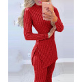 Winter Warm Solid Long Sleeve Slit Knitted Sweater With Skinny Long Pants Suit Women's Elegant 2 Piece Outfits Sets Leotard