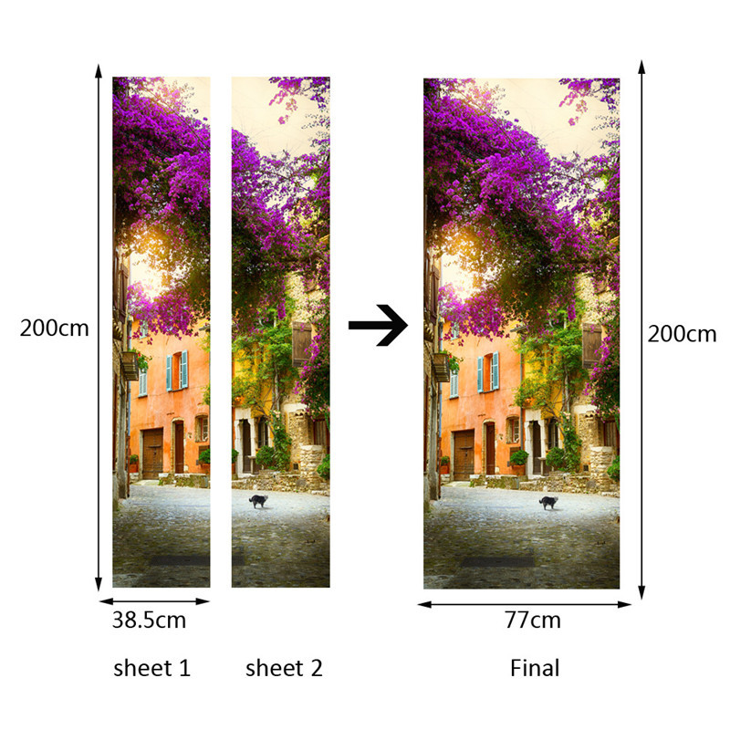 Leaves Stone Roads French Town Scenic Roses DIY 3D Door Sticker for Kids Room Door Home Decoration Accessories