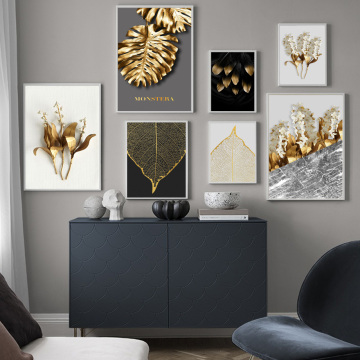 Abstract Golden Leaves Flower Poster Monstera Wall Art Print Picture Canvas Painting Nordic Home Decoration Living Room Decor