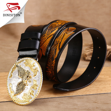 DINISITON Fashion Waist Eagle Strap Punk Style Waistband Mens Luxury High Quality Golden Belt Cowboy Genuine Leather Belt ZPB08
