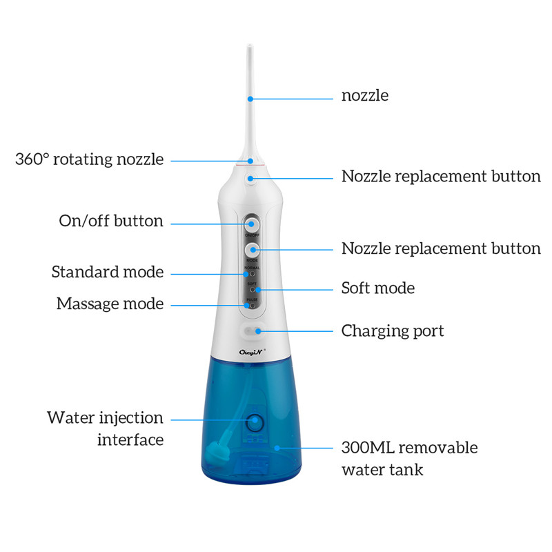 CkeyiN USB Rechargeable Water Flosser Oral Irrigator Dental 3 modes 300ML Water Tank Water Jet Waterproof Teeth Cleaner