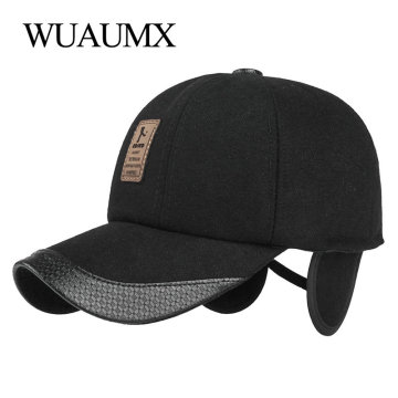 Wuaumx Branded Autumn Winter Baseball Caps For Men Woolen Warm Hat With Earflaps Bone Snapback Cap Men Black Casquette Cappello