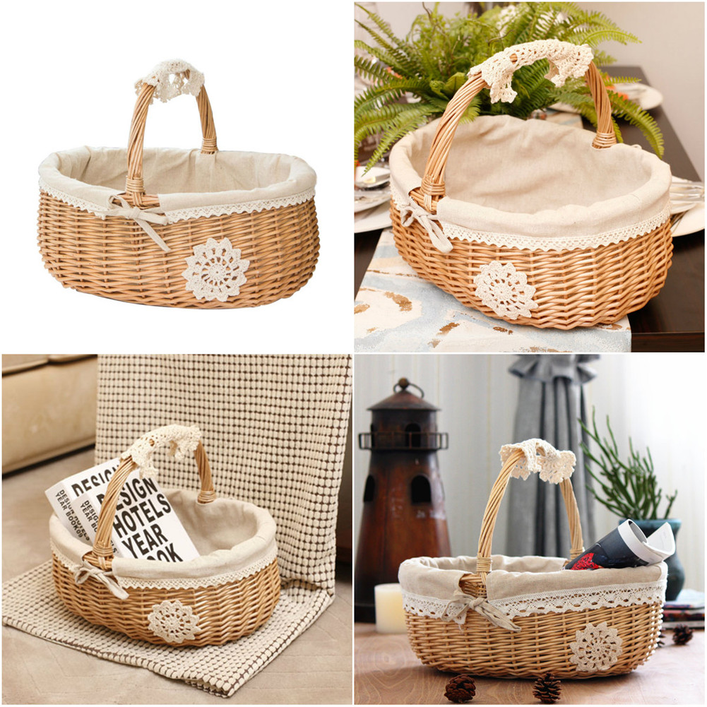 Wicker Basket Rattan Storage Basket Box Picnic Basket Fruit Flower Baskets with Lid and Handle and White Liner for Camping #W0