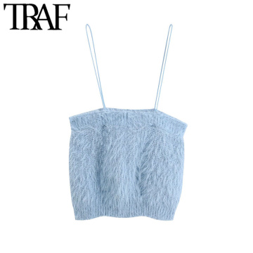 TRAF Women Sweet Fashion Soft Touch Knitted Cropped Tank Top Vintage Backless Thin Elastic Straps Female Camis Chic Top