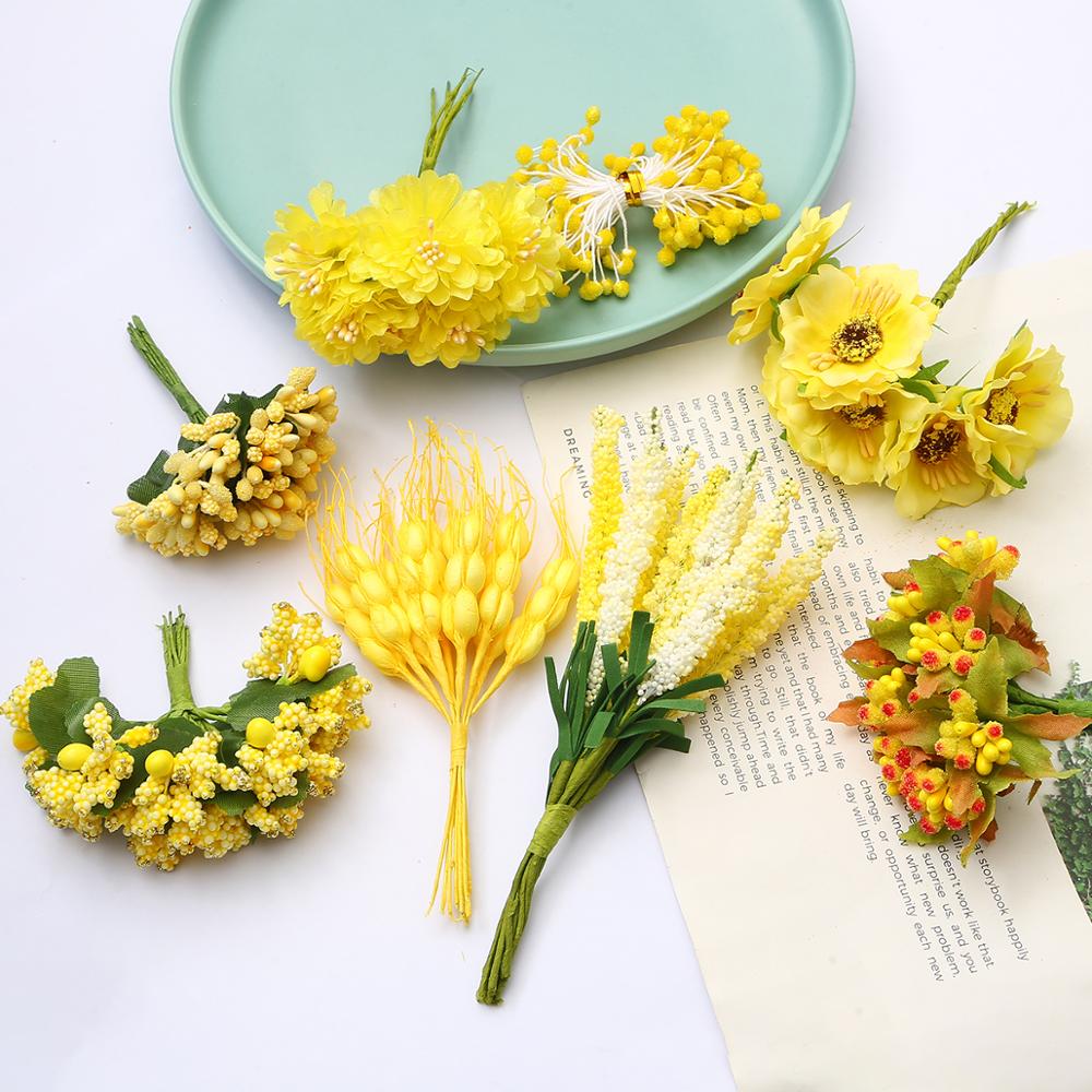 2020 Artificial Flower Bouquet Yellow Cherry Branch Stamen Berries Bundle DIY Christmas Wedding Cake Gift Box Wreath Party Decor