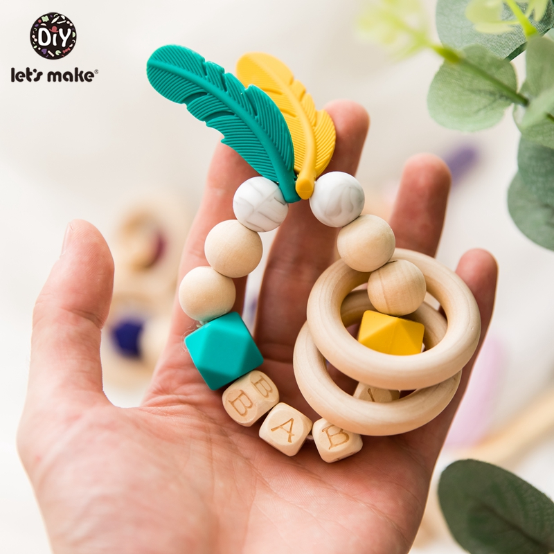 Let'S Make 1pc Wooden Rattle Teether Baby Toys Engraved Wood Beads Hexagon Teether Silicone Beads Tiny Rod Baby Mobile Rattle