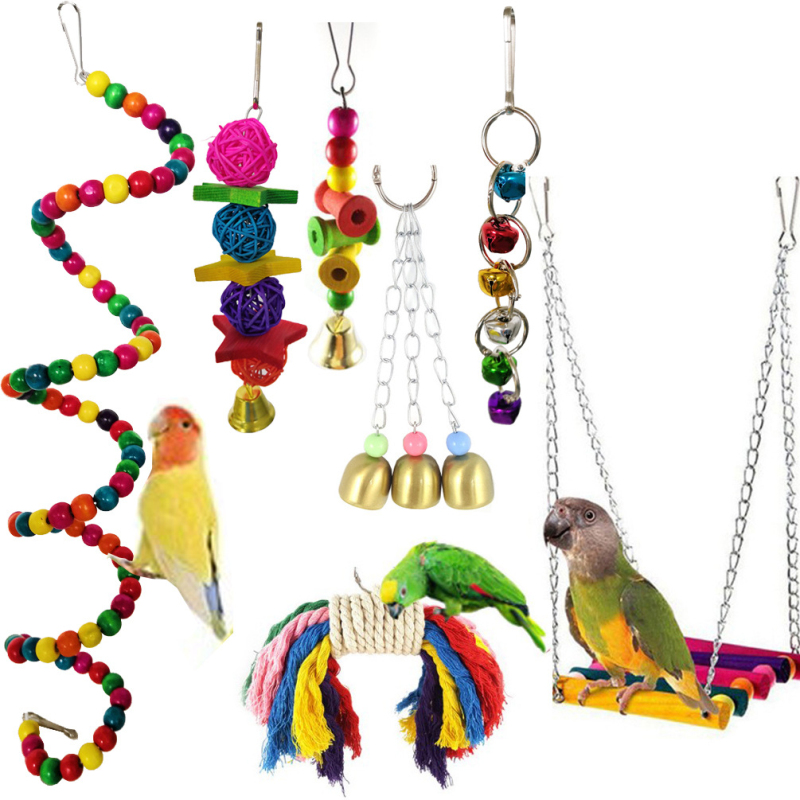 New 7Pcs Bird Toys Bird Parrot Swing Toy Colorful Chewing Hanging Hammock Swing Bell Pet Climbing Ladders Toys Pet Supplies