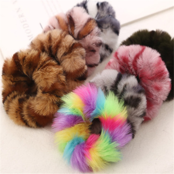 1 Pcs New Fashion Colorful Leopard Print Plush Fur Scrunchies Elastic Hair Bands For Girls Warm Ponytail Holder For Girl Women