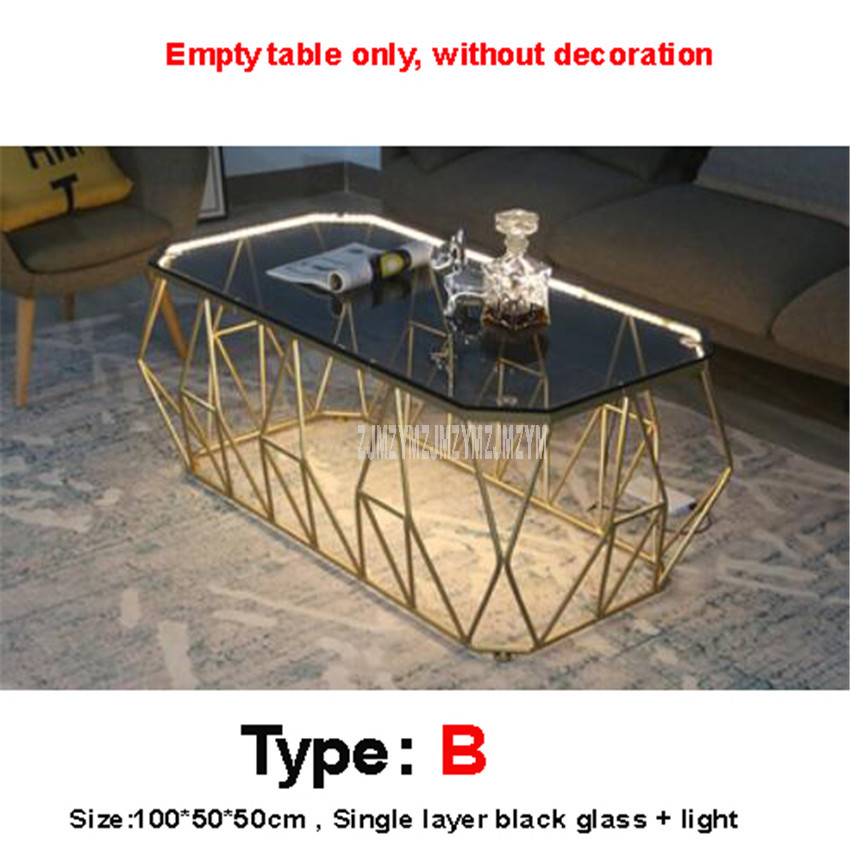 Nordic Rectangular Tea Table With LED Light Creative Single Layer Toughened Glass Desktop Iron Art Leg Modern Living Room Table