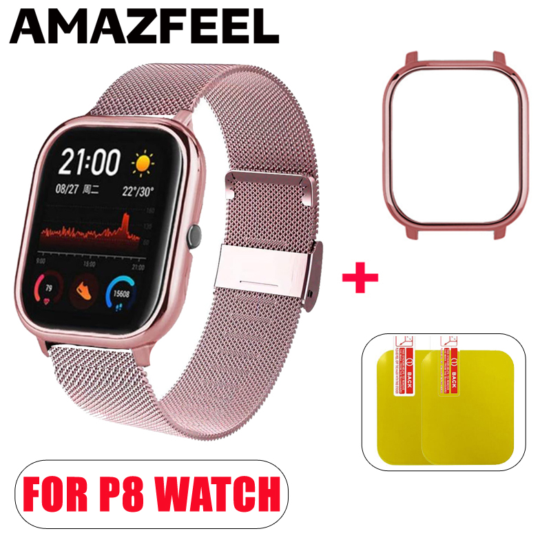 P8 Strap Case Protector Film Metal Bracelet P8 Watch Strap 20mm P8 1.4 inch Smart Watch Protector Case Wrist Band Milanese