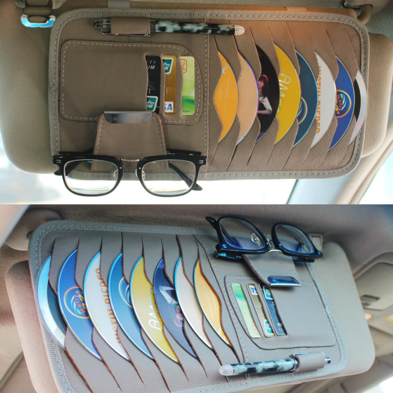 Car CD DVD Holder Disc PU Leather Storage Media Case Sunglasses Card Organizer Sun Visor Sunshade Sleeve Wallet Clips