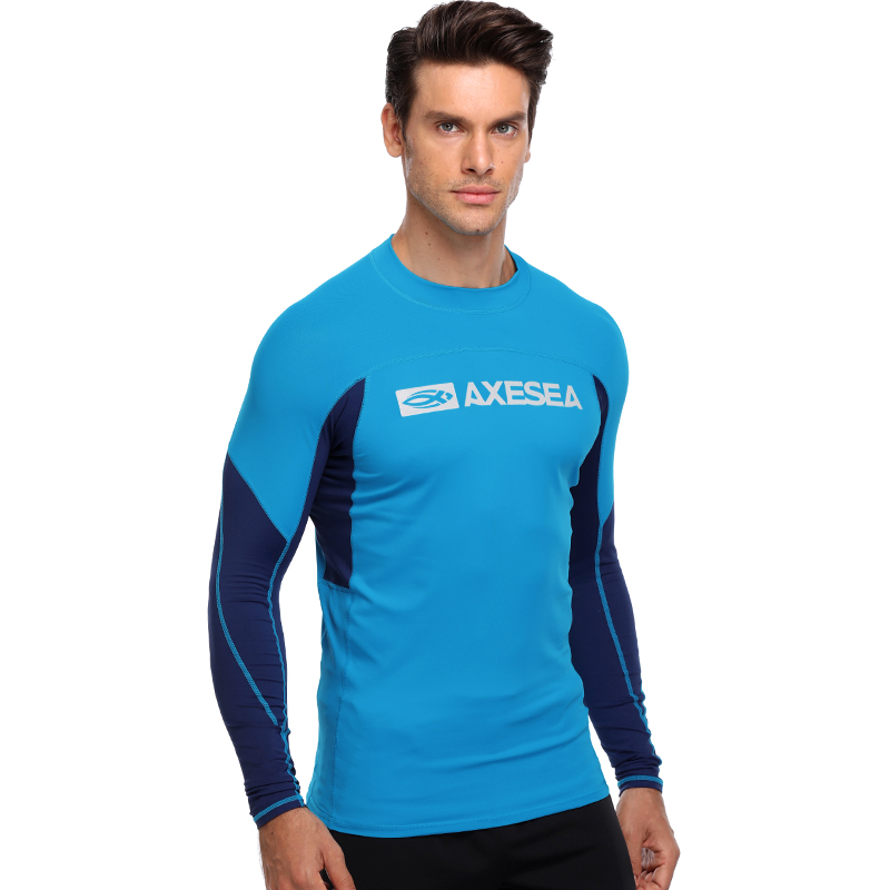 AXESEA Men Rash Guard Patchwork Swimwear Long Sleeve Rashguard Sun Protection Swimsuit Surfing Shirt Top UPF50+ Sport Beachwear