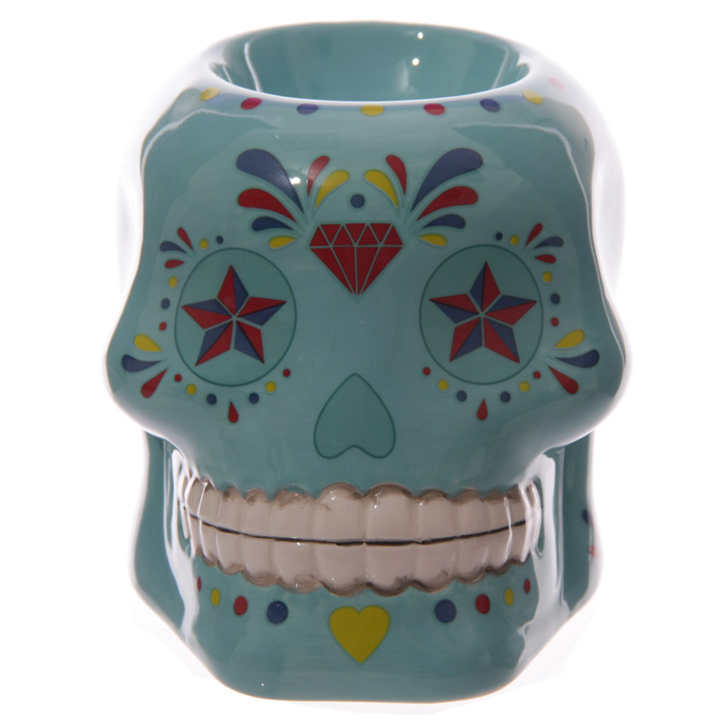 Day of The Dead Skull Oil Burner Tealight Holder Candle Wax Granule Dia de los Muertos Gothic Ceramic Mexican Floral Candy Skull