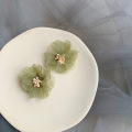 Korean Immortal Vintage Lace Olive Green Flower Clip Earrings No Piercing Fresh Soft Chiffon Flower Earrings Ear Clip Female