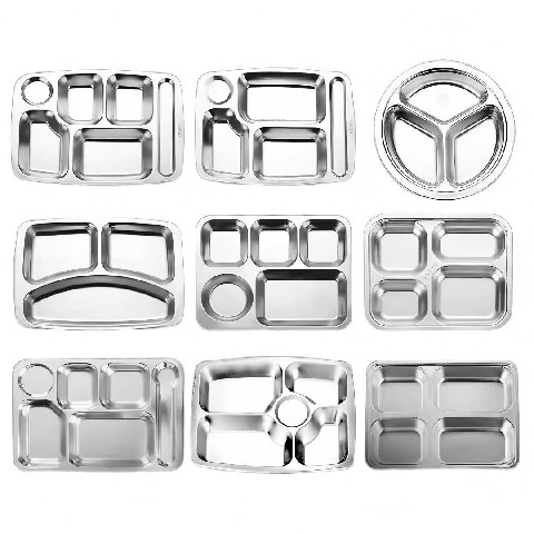 Customizable stainless steel dinner plates.
