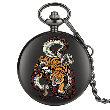 Tiger Snake Entwining Pattern Quartz Pocket Watch Chain Full Hunter Animal Watch with Fob Chain Best Gifts for Men Women reloj