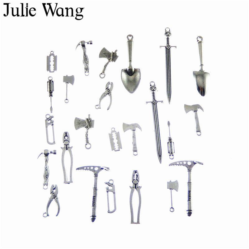 Julie Wang 12pcs Mixed Tool Mini Pliers Ax Saw Shovel Hammer Charm Necklace Pendants DIY Jewelry Making Accessory