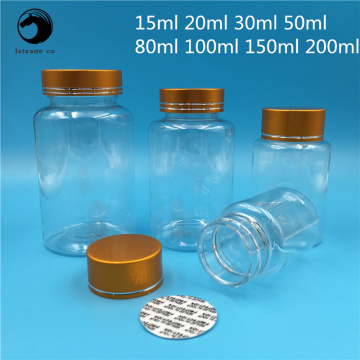 Free Shipping 50 100 200 ML Empty Clear Pill Plastic Bottles Gold Lid Spices Food Seal Sample 3.5 OZ Packaging Containers 30 PCS