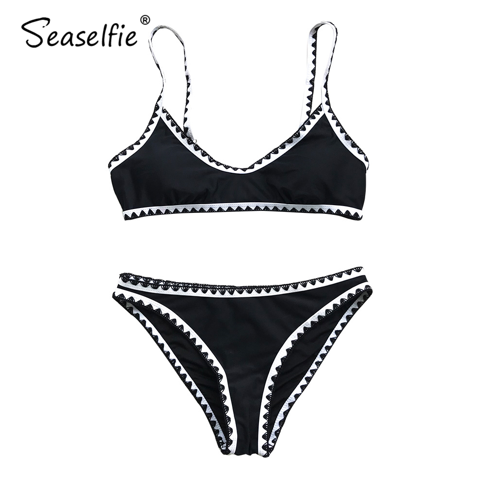 SEASELFIE 2021 Sexy Low-waist Bikinis Set Swimwear Women Swimsuits Bathing Suit Biquini Black And White Crochet Bikini Beachwear