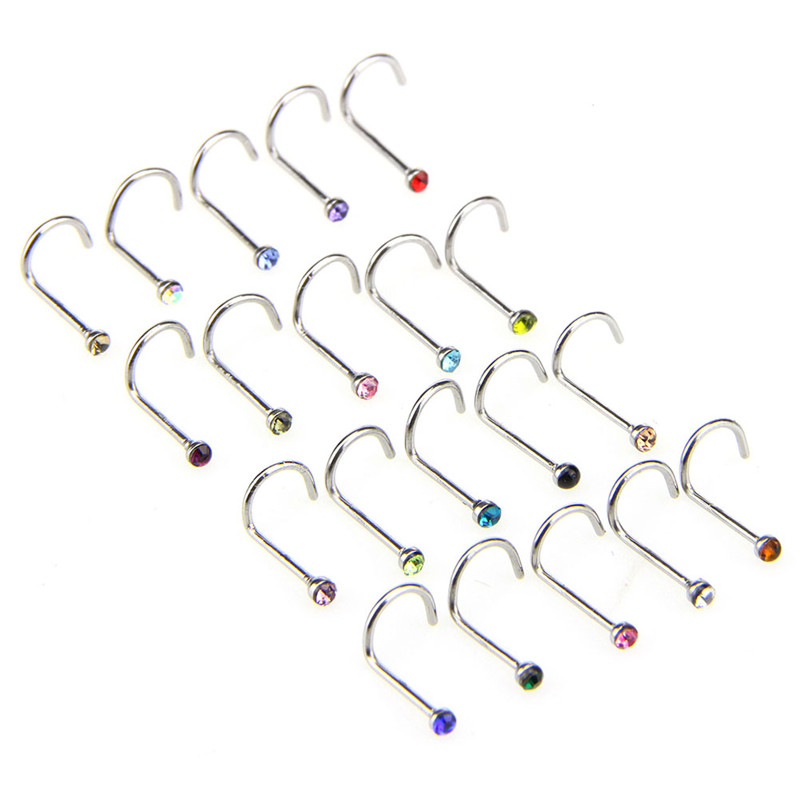 20pcs/lot Stainless Steel Crystal Rhinestone Nose Studs Hooks Bar Pin Nose Rings Body Piercing Jewelry For Women