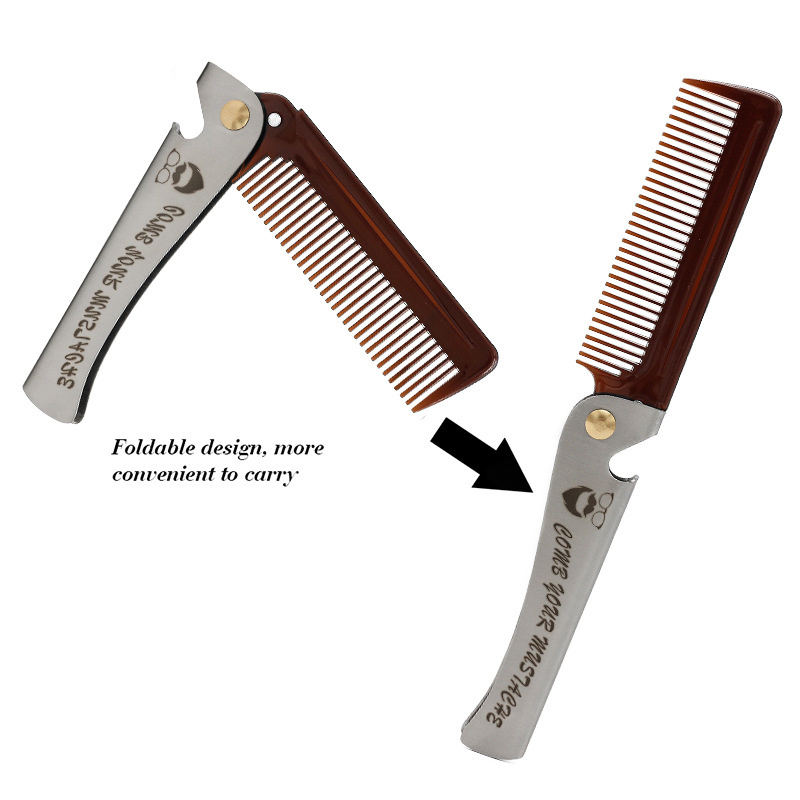1 pcs Men Folding Pocket Comb Knife Shape PP Teeth Detangling Hair Beard Comb Metal Handle Foldable Combing Facial Mustache Comb