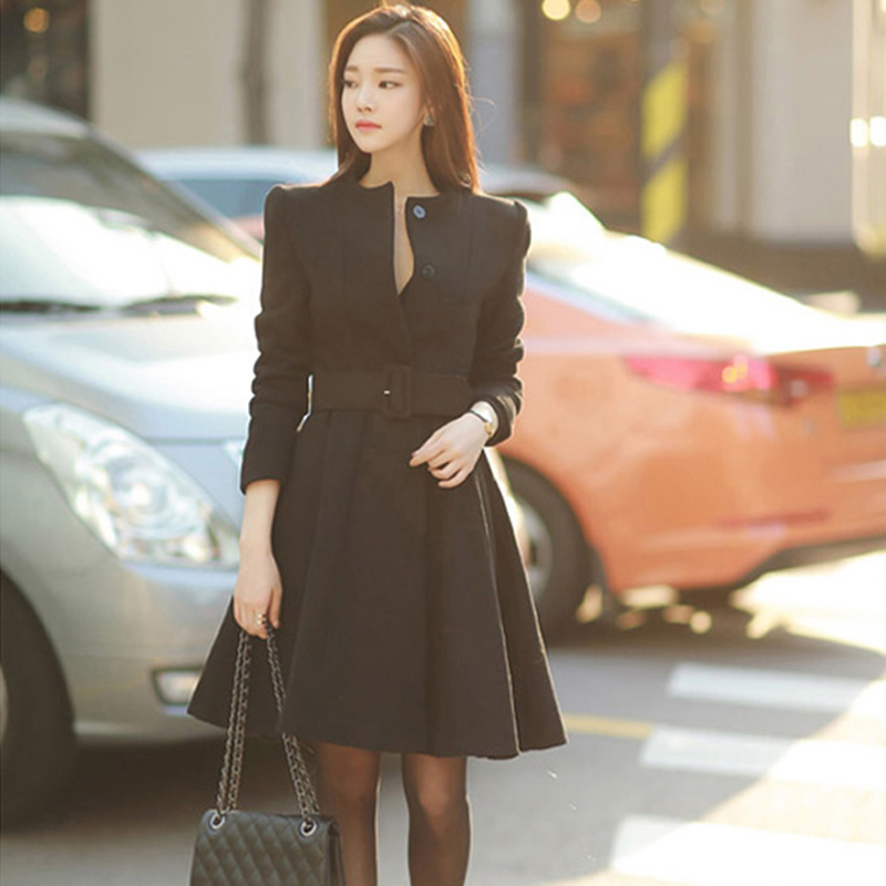Winter Wool Blend Black Coat Women Vintage Minimalist Woolen Overcoat Single Breasted Office Trench Elegant Korean With Belt