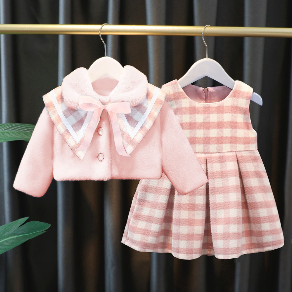 Girls Children Kid Baby Woolen Plaided Coat Outwear Jacket+Tank Dress 2PCS Suits Sweet Warm Winter Princess Clothes Set