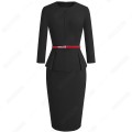 Autumn Winter Classic Women Business Elegant Sashes Solid Color Bodycon Work Career Office Dress EB473