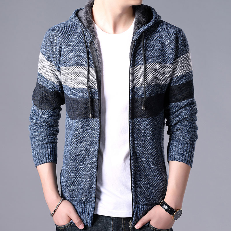 Winter Fleece Cardigan Mens Sweater Men Fashioutn Hooded Striped Knit Owear Coat Sweater Man Hooded Warm Sweatercoat Men 3XL