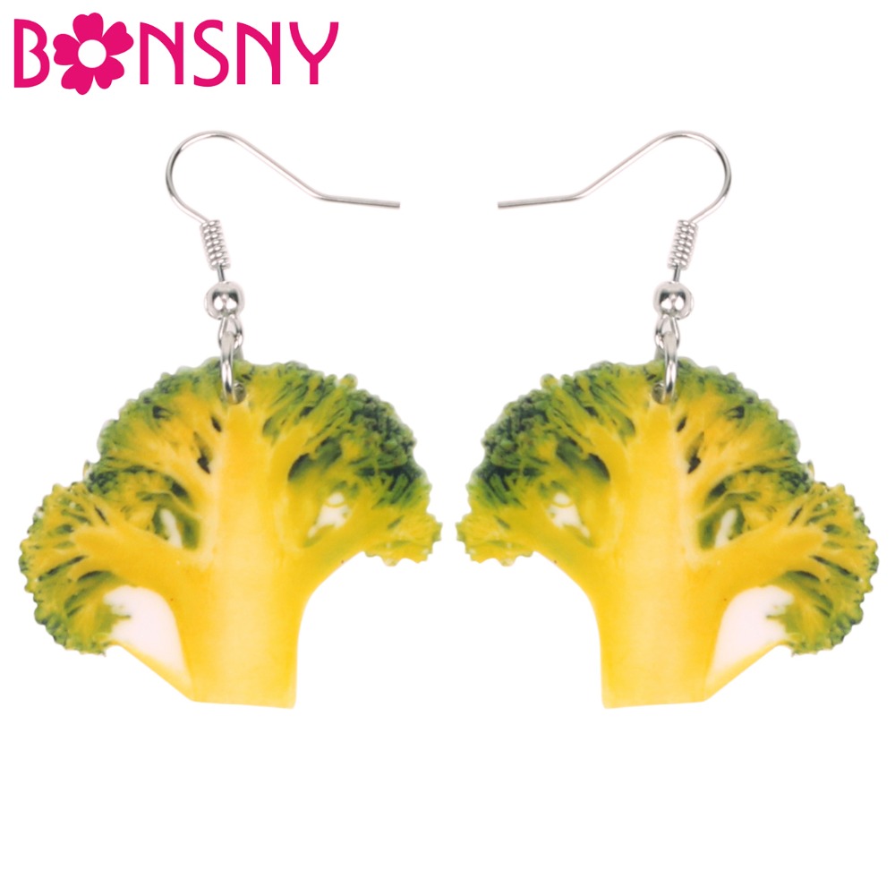 Bonsny Acrylic Fresh Broccoli Earrings Big Long Dangle Drop Novelty Vegetable Farm Food Jewelry For Women Girls Ladies Kids Gift