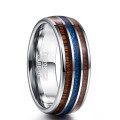 High Polished 8MM Hawaiian Koa Wood Men Ring Full Size Wedding Bands Blue Imitation Vermiculite 100% Tungsten Carbide Ring