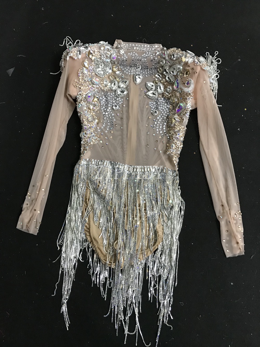 Shining Big Crystals Mesh Sexy Bodysuit Sparkly Rhinestones Chains Fringes Outfit Nightclub Party Wear See Through Costume