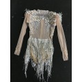 Shining Big Crystals Mesh Sexy Bodysuit Sparkly Rhinestones Chains Fringes Outfit Nightclub Party Wear See Through Costume