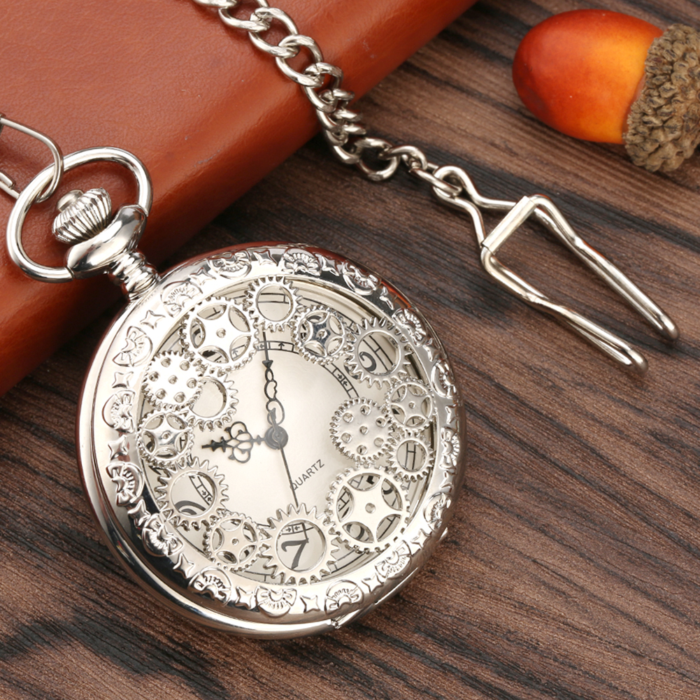 Luxury Silver Gear Hollow Quartz Pocket Watch Chain Fob Watch Arabic Numerals Display Watches Antique Clock Gifts for Men Women
