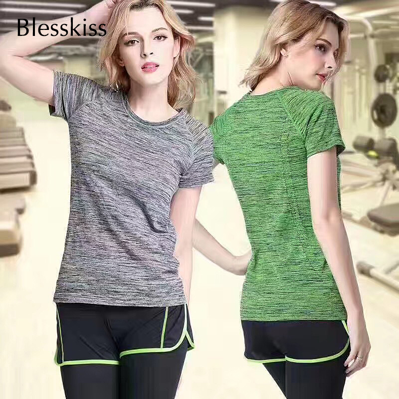 BLESSKISS Yoga Shirt Sport Running Quick Dry Tank Elastic Fitting Tshirt Fitness Women GYM Top Clothing Workout T Shirt Wear