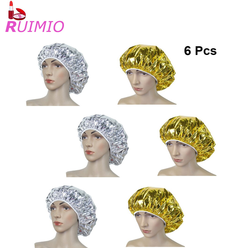 6Pcs Elastic Bathing Cap Aluminum Foil Heat Insulation Cap Hairdressing Cap Hair Dyeing Cap (Golden Silver for Each 3Pcs)