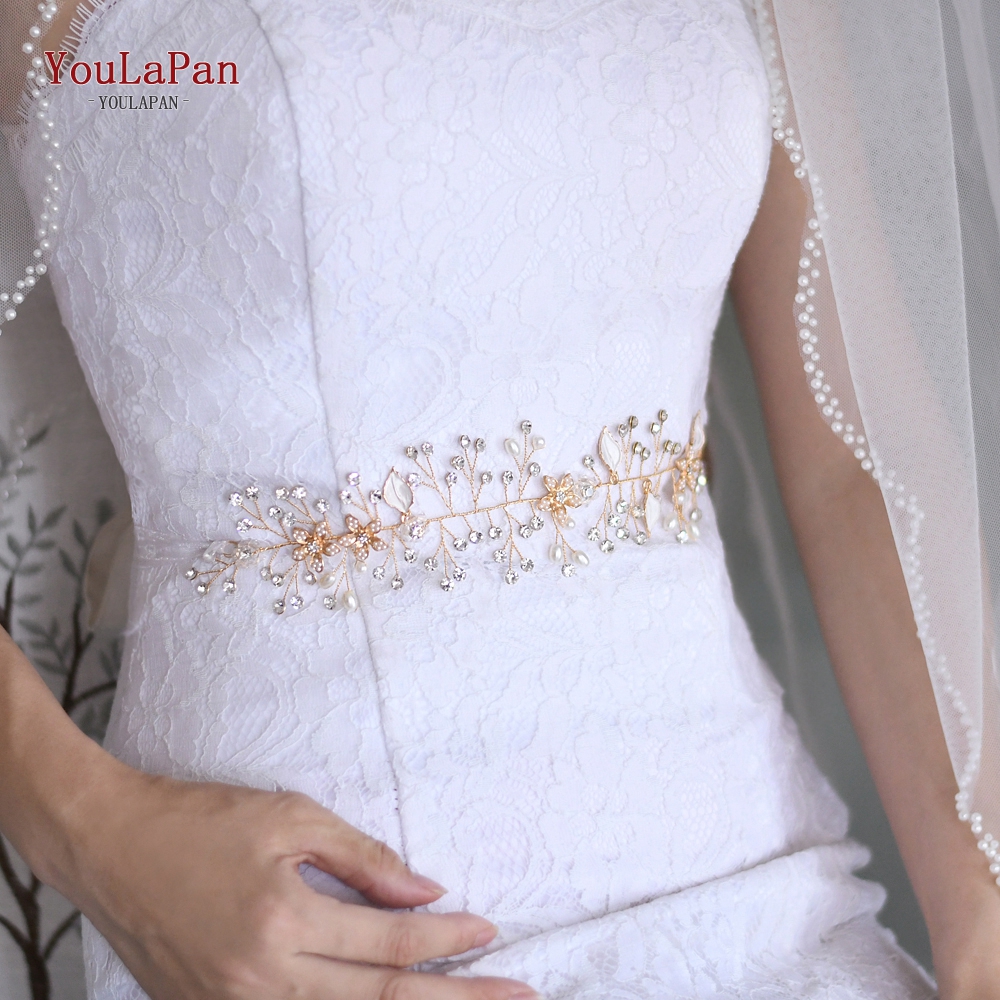 YouLaPan SH236-G Bridal Belts with Rhinestones Golden Crystal Wedding Belt Embellished Waist Belt Women Belt Skinny Bridal Belt