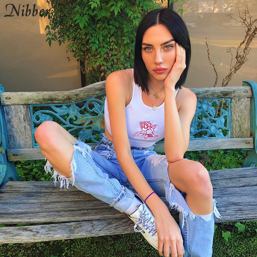 Nibber summer Ribbed knit cute Harajuku crop tops women tank tops 2019stretch Slim white printing camisole Basic tee shirt mujer