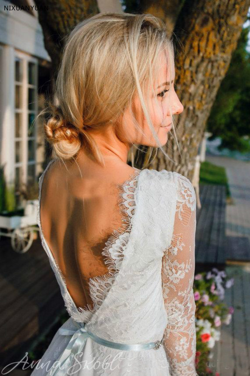 Newest Short Wedding Dresses With Illusion Long Sleeves Full Lace V Neck Backless Summer Beach Bridal Gowns Informal Party Wear
