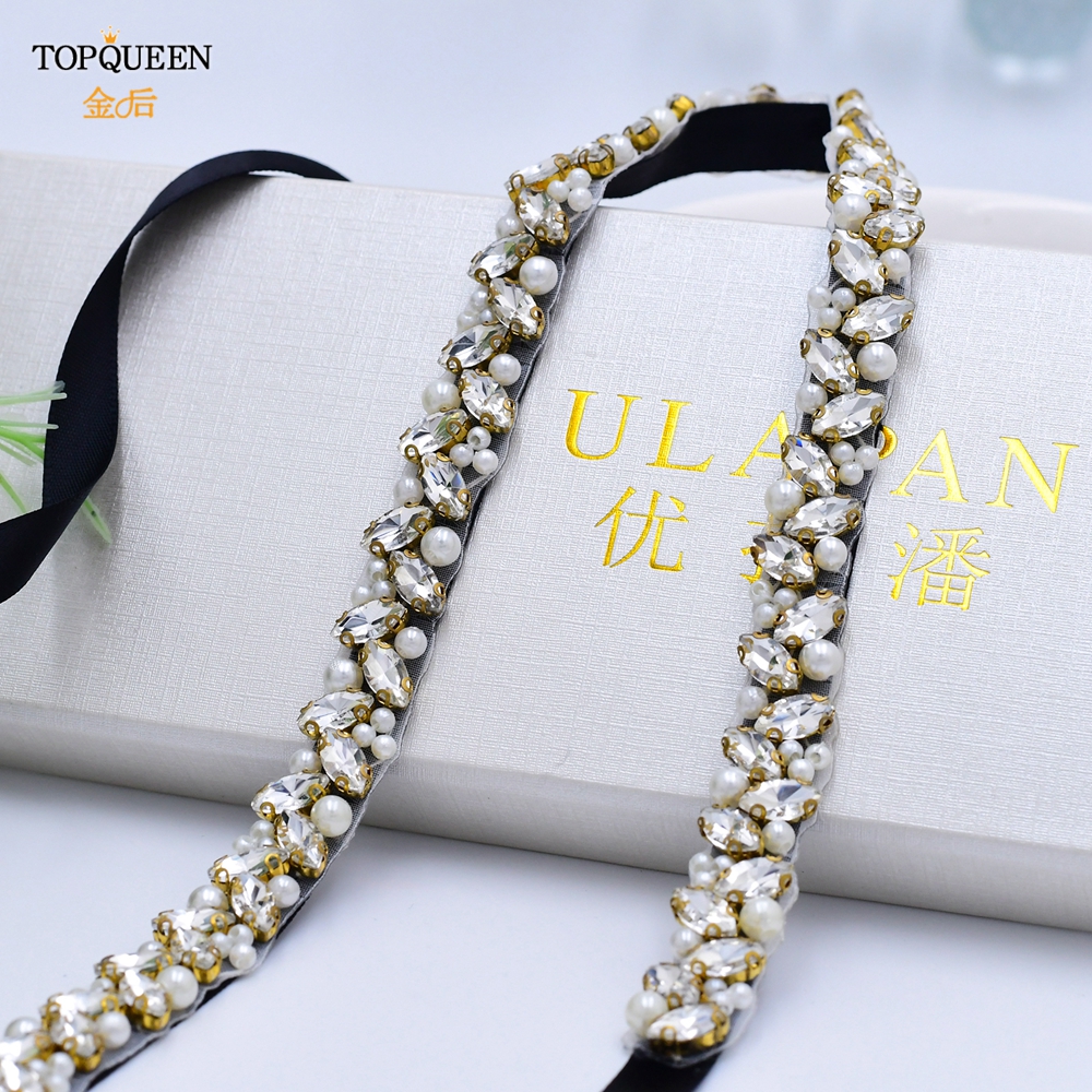 TOPQUEEN S383-G Gold Rhinestone Beads Bridal Belt Pearl Wedding Dress Belt Gold Diamond Thin Womens Dress Belt Formal Wear Belts