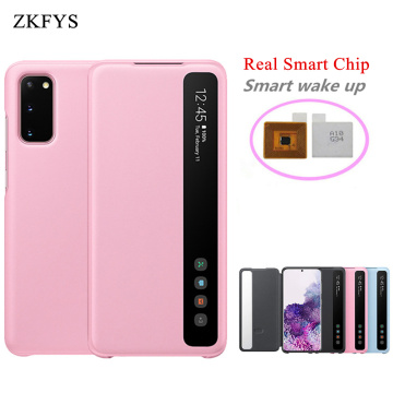 Window View Clear Flip Cover For Samsung Galaxy S20 S20 Plus S20 Ultra 5G Real Smart Chip Phone Cases Smart Free-Flip Wack Up