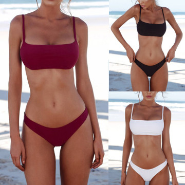 Women's Sexy Swimsuit Hanging Neck Split Three-point Solid Color Padded Chest Halter High Waist Bikini Beachwear Swimsuit#50