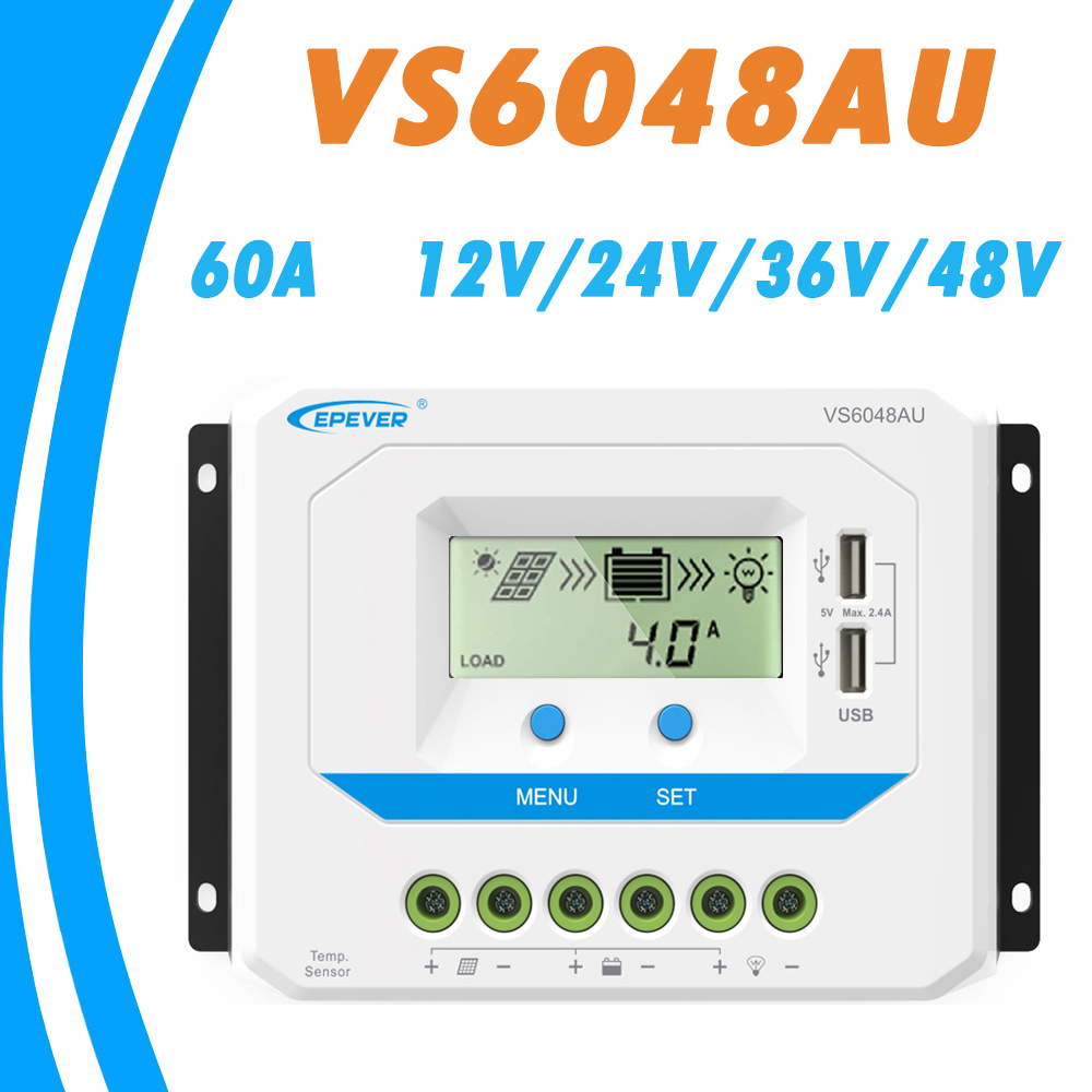 EPEVER 60A Solar Controller 12V 24V 36V 48V Auto VS6048AU PWM Charge Controller with Built in LCD Display and Double USB 5V Port
